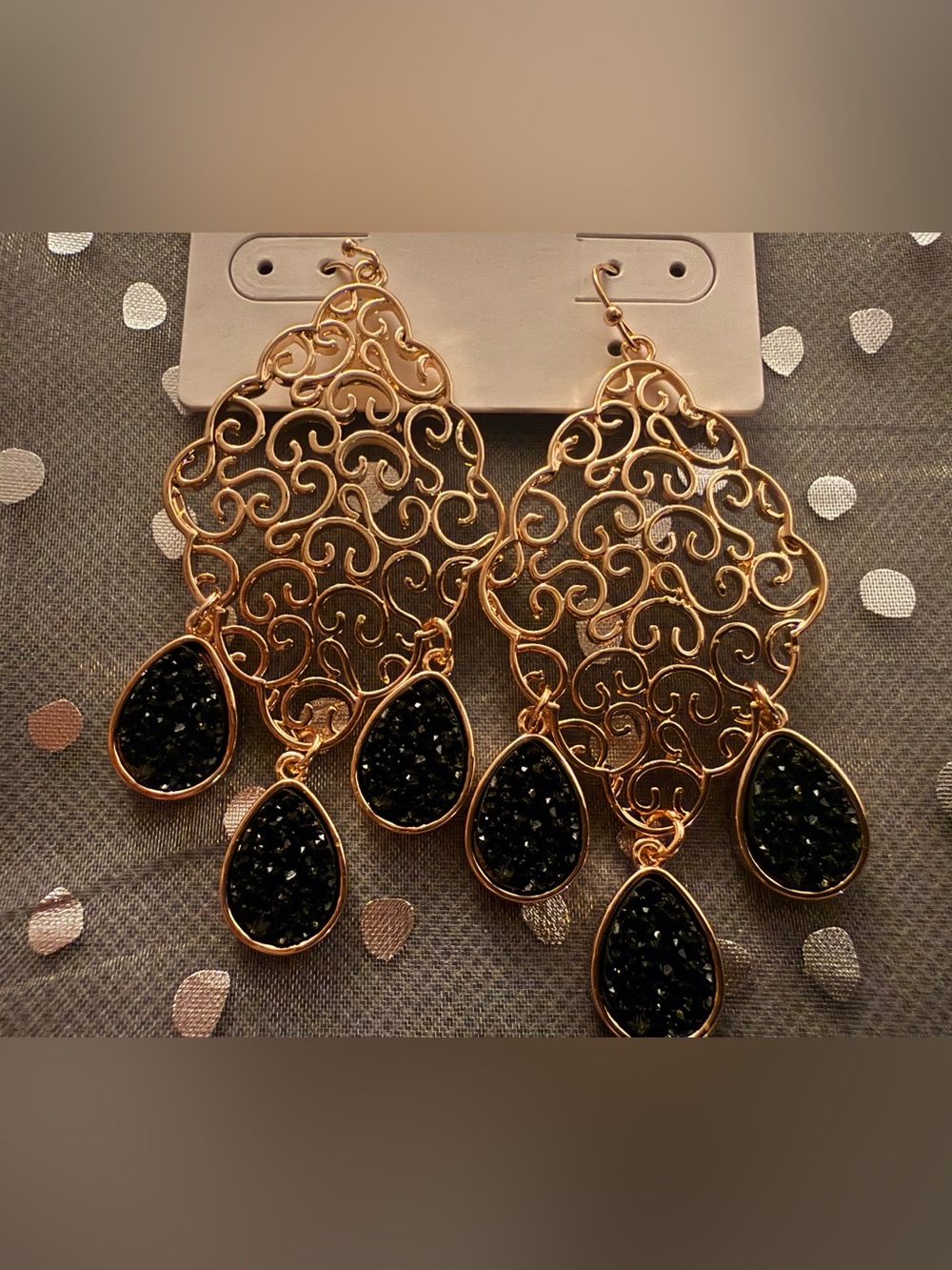 Lane Bryant Gold Filigree Chandelier Earrings with Black Teardrops - Picture 2 of 4